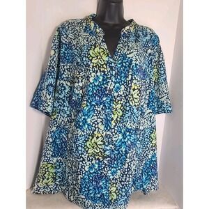 Maggie Barnes Womens 3X Blue Floral Button Front 3/4 Sleeve Blouse Top 26/28